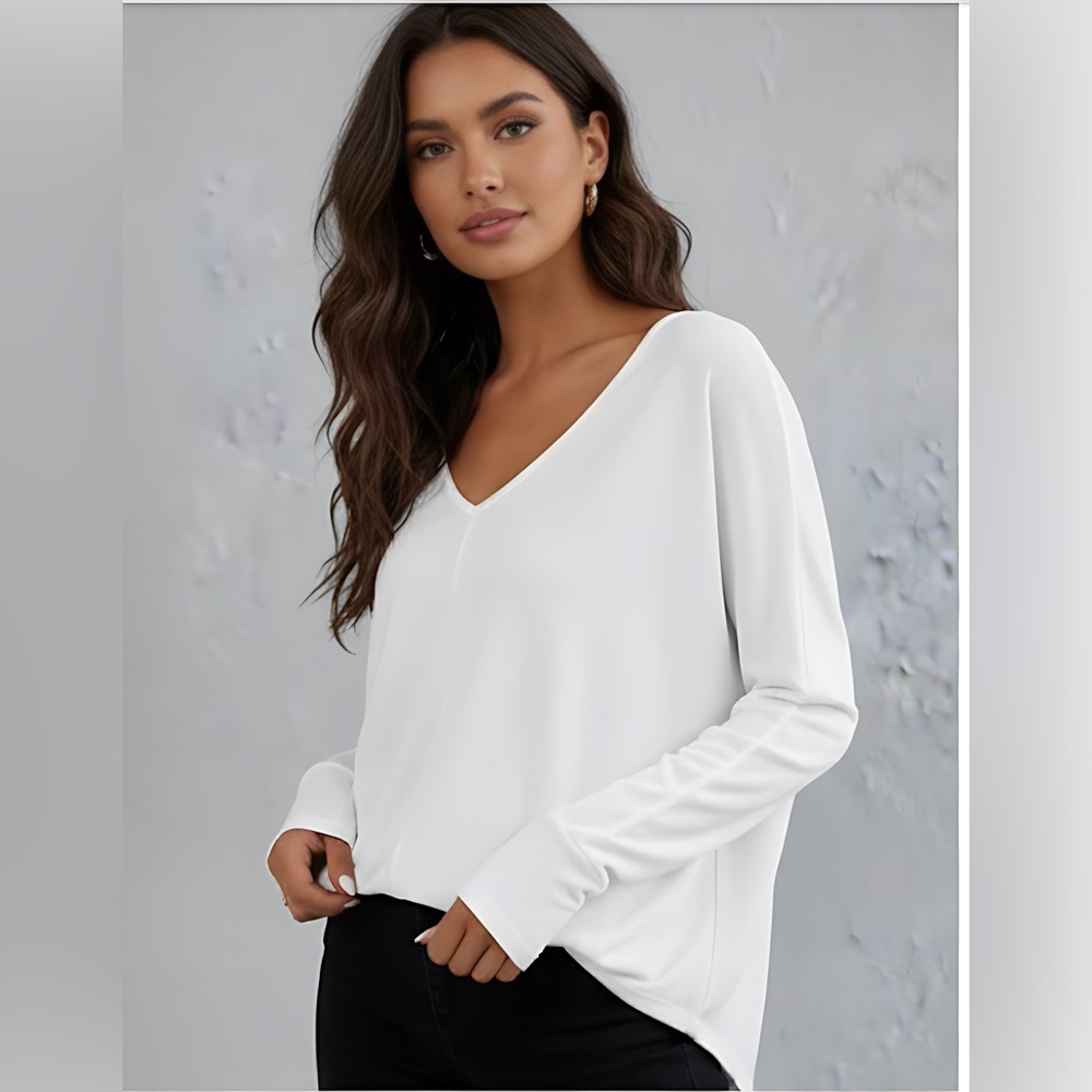White Oversized V Neck Batwing Long Sleeve Knit Tee - Picture 3 of 9